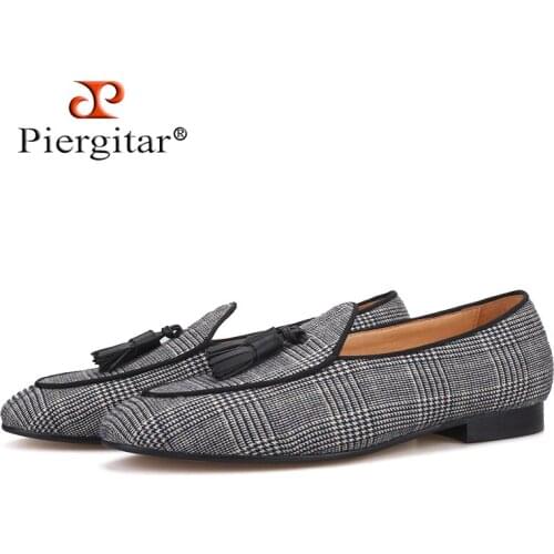 Piergitar 2019 gray color gingham cotton mens loafers with tassel Fashion Men Casual Shoes party and banquet smoking slippers