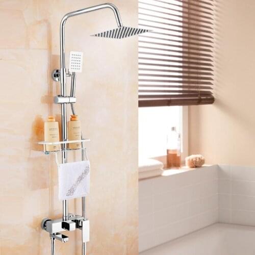 Modern Chrome Finish Wall Mount Shower Set Square Shower Faucet 8 Inch Fixed Shower Head with Shelf Chrome Finish Shower System