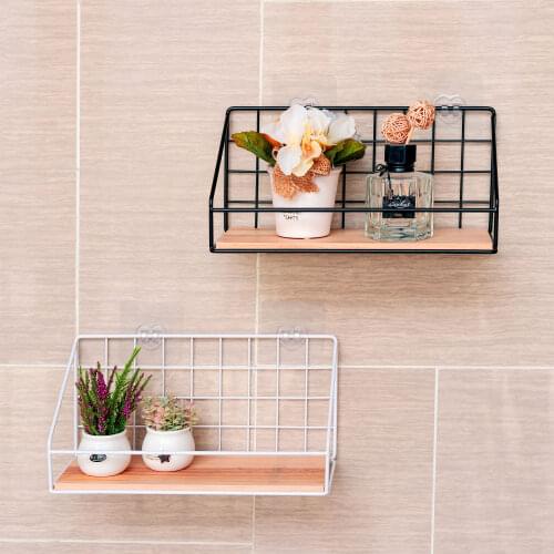 Wall Decoration Wooden Iron Wall Shelf Storage Rack Basket Multifunction Mesh Wire Metal For Kitchen Bedroom Home
