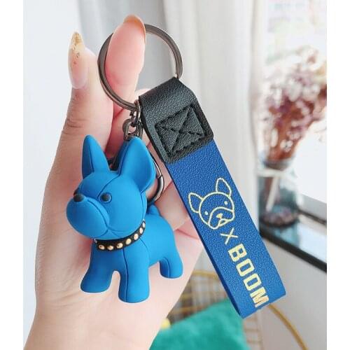 Punk French Bulldog Keychain PU Leather Dog Keychains for Women Bag Pendant Jewelry Trinket Mens Car Key Ring Key Chain