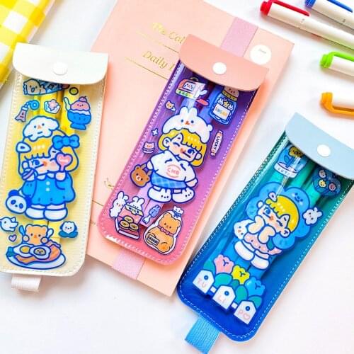 Korean Style Cartoon Little Pet Series Pencil Bags Kawaii Animal PU Pencil Case Portable Elastic Band Stationery School Supplies