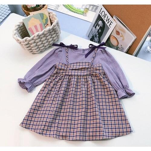 DFXD Girl Dress 2020 Autumn New Arrival Long Sleeve Cotton Plaid Patchwork Fake Two Piece Princess Dress 2-8Year Kids Clothes