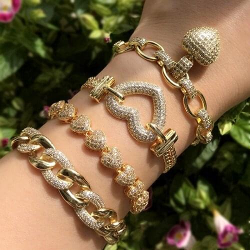 Luxury Gold color Bracelet For Women Heart Pendant Cubic Zirconia Stone Punk Bracelets Bangles Boho Cuban chain Bracelet Jewelry