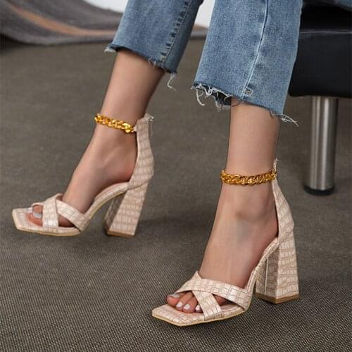 Women Shoes Sandals 10cm Heels Shoes Female Ankle Chain Strappy Ladies Designer Shoes Square Toe Party Wedding Fashion Summer