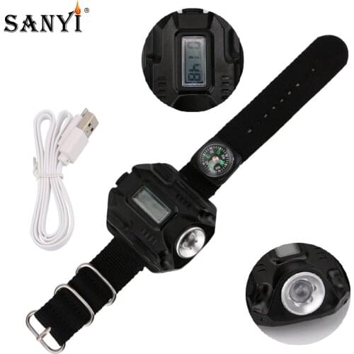 Sanyi LED Wrist Watch Flashlight Torch Light USB Rechargeable Tactical Flashlight Portable Lantern Time Display LED With Compass
