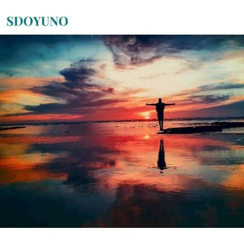 SDOYUNO 60x75cm Oil Paint By Numbers Seascape Frameless DIY Painting By Numbers On Canvas Sunset By The Sea Hand Painting