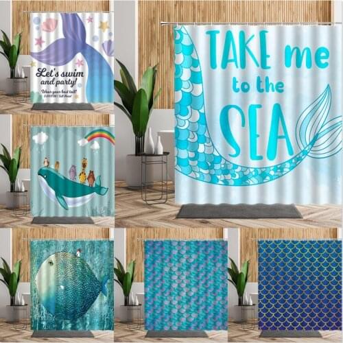 Cartoon Sea Fish Pattern Shower Curtain Mermaid Tail Scale Whale Kids Bath Fabric Screen With Hooks Bathroom Curtains Home Decor