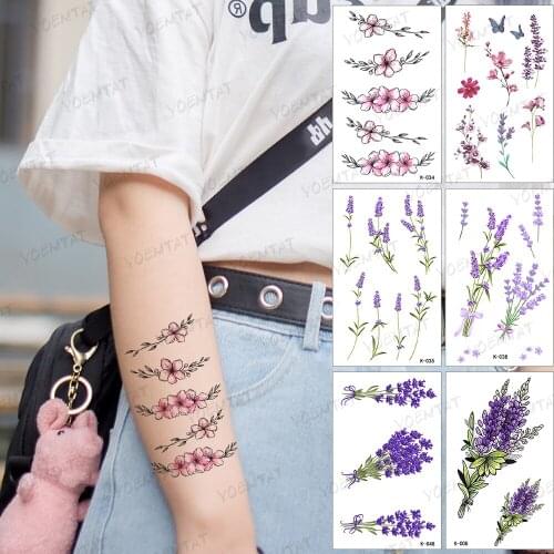 Water Transfer Temporary Tattoo Sticker Wrist Arm Purple Lavender Flowers Watercolor Flash Tatoo Fake Tatto For Body Art Women