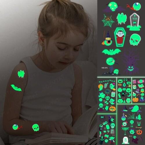 Waterproof Temporary Tattoo Sticker Moon Skull Bat Grave Spider Child Arm Cheek Glowing Tatto Halloween Horror Funny Sticke