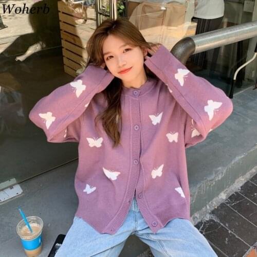 Woherb Winter Clothes Women Sweater Coat 2020 New Loose Korean Knitted Cardigan Print Butterfly Weater Oversized Ladies Tops