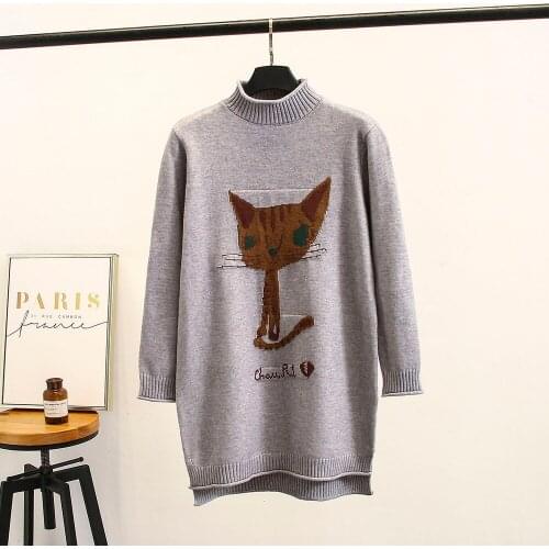 Women winter autumn jacquard weave cat turtleneck long sleeve pullovers casual black grey long sweater Plus size XL-4XL