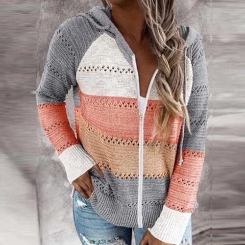 Women Autumn Long Sleeve Sweaters Full Zip Up Hooded Drawstring Jacket Color Block Striped Hollow Out Knitted Loose Cardigan Coa