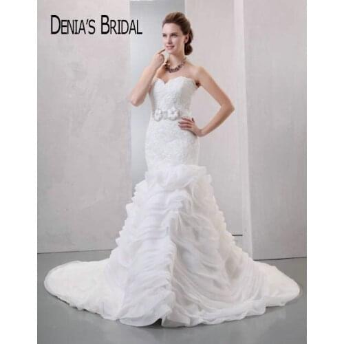 2017 Mermaid Wedding Dresses Lace Applique Ruffles Strapless Organza Court Train Bridal Gowns Custom Made