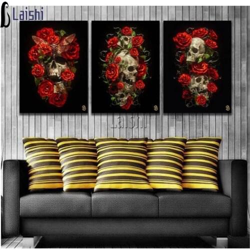 3pcs set diamond painting Skull red rose flower full square round diamond embroidery diamond mosaic set,home painting,decor