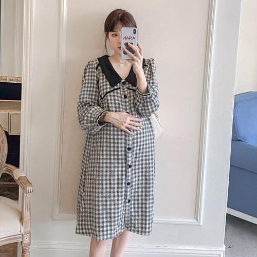 9720# Maternity Dress Spring Autumn Plaid Turn Down Collar Cotton Long Sleeves Loose Stylish Dress Pregnant Women Mom Dress