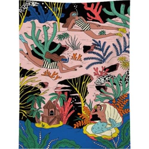 Abstract Sea Tapestry, Mermaid Wall Hanging, Cactus Wall Decoration, Modern Abstract Art Prints