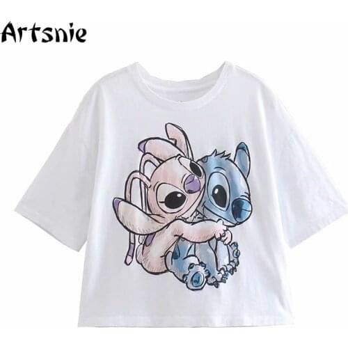 Artsnie Summer 2021 White T Shirt Women Cartoon Print Disney O Neck Short Sleeve Tops Streetwear Casual Knitted Ladies T-shirts