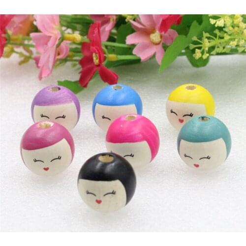 Wooden Matryoshka Cartoon Girl Head Beads For Baby DIY Pacifier Holder Clip Necklace Spacer Beads Accessory 22x24mm