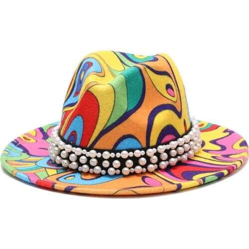 Bulk price fedora hat for women Tie dyed hat 3d painted felt hat party hat model photo wide brim panama cap unisex cap