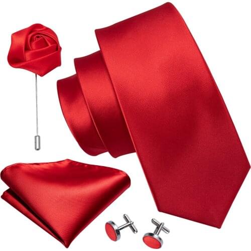 Red Solid Men Tie Wedding Silk Necktie Brooch Handkerchief Cufflinks Set Fashion Designer Tie For Men Groom Gift Dropshipping