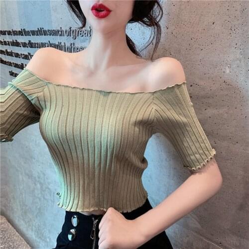 Summer Sweet Sexy Solid Slash Neck Cropped T-shirts Women Short Sleeve Knit Crop Tops For Girls Available Stock