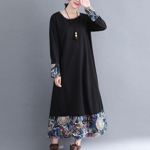 Uego Fashion Patchwork Long Sleeve Autumn Dress Soft Cotton Linen Plus Size Loose Women Casual Midi Dress 2021 Vintage Dress