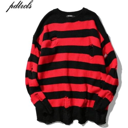 2019 New Ripped Stripe Knit Sweaters Men Hip Hop Hole Casual Pullover Sweater Male Fashion Loose Long Sleeve Sweaters Red Black