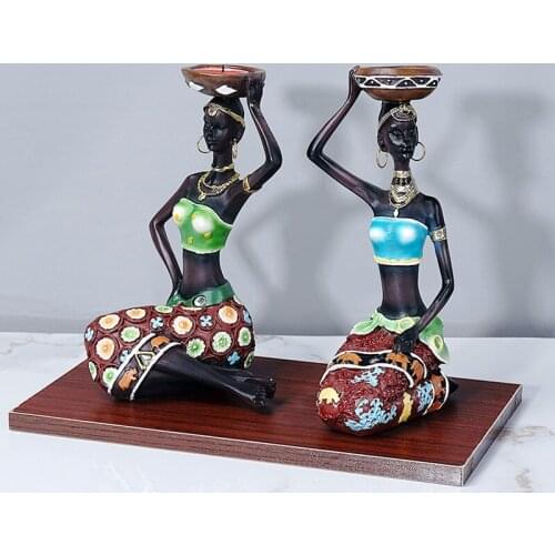 NORTHEUINS 2 Pcs/Set European Style Black Woman Candlestick Decoration Lady Figurines for Interior Sculptures Home Decor Loft