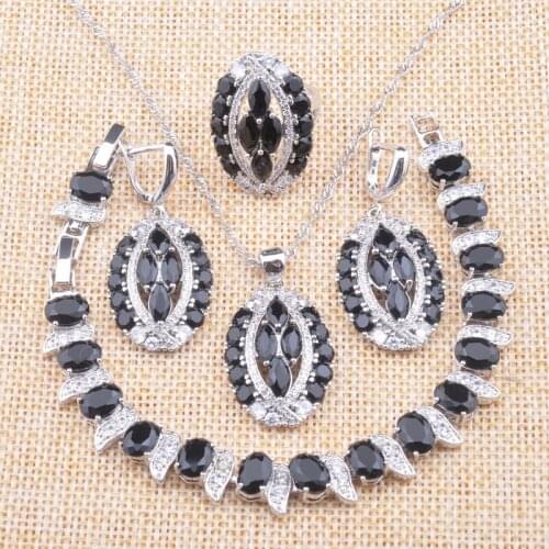 2020 New Silver Color Wedding Jewelry Sets For Women Black Crystal Earrings Rings Bracelet Necklace Birthday Gifts YZ0712