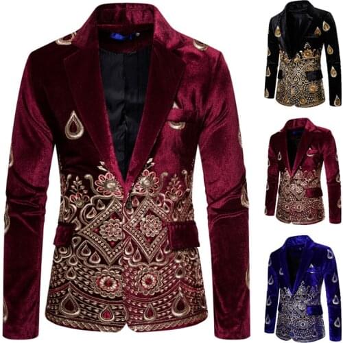 New Mens Luxury Blazer Costume Stage Jacket Suit Male Velvet Gold Thread Embroidered Dress Suit Nightclub Costume Coats