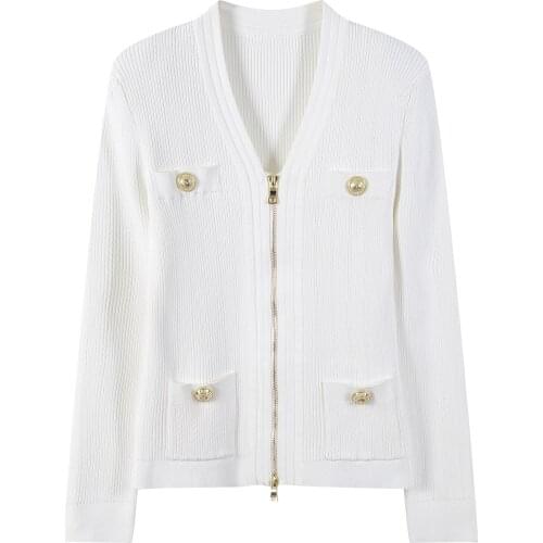 V-neck Collar Long Sleeve Solid Color Zipper Metal Button Knited Cardigan Short Women Korea Fashion 2021 Spring Z113