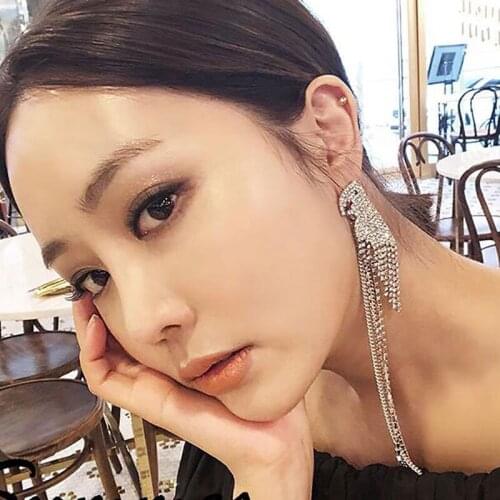 Luxury Shining Crystal Long Earrings Bird Shaped Asymmetry Long Tassel Statement Drop Earrings for Bridal Wedding Party Jewelry