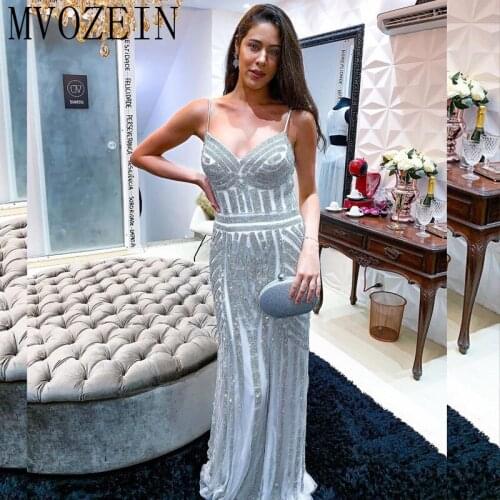 Sexy Mermaid Evening Dresses Spaghetti Strap Crystal Beaded Floor Length Formal Party Dress Long Evening Dress vestidos