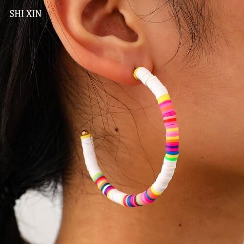 SHIXIN Polymer Clay Rainbow Big C Shape Hoop Earrings for Women Boho Summer Large Open Round Earrings 2021 Fashion Jewelry Gifts