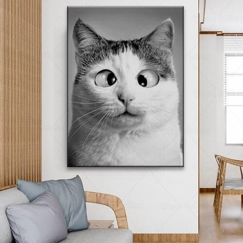 Funny Cute Cat Canvas Painting Animal Big Eyes Kitty Posters and Prints Black and White Pictures for Kids Room Home Decor