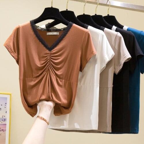 2021 Short Sleeve T shirt Women Tops Tshirt Summer Cotton Lace Patchwork Fold T-shirt Women V-Neck Black Tee Shirt Femme