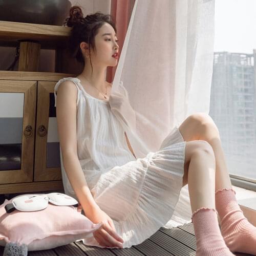 Women Nightwear Cotton White Pajamas Spring Autumn Princess Sleeveless Nightgown Top No Shoulder Schlafanzug Sweet Pajamas Set