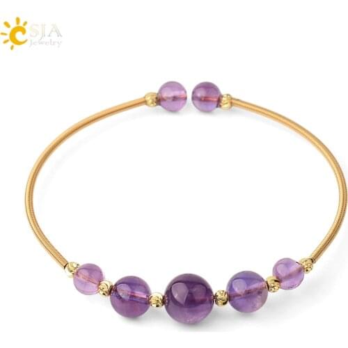 CSJA Natural Stone Crystal Bracelets & Bangles Open Cuff Bracelet Summer 2020 Women Lapis Lazuli Purple Wire Wrap Pulsera G564