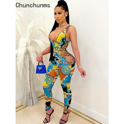 Sexy Hollow Out Print Deep V-Neck Jumpsuits Women Sleeveless Backless One Piece Club Bodycon Office Rompers Overalls 2021