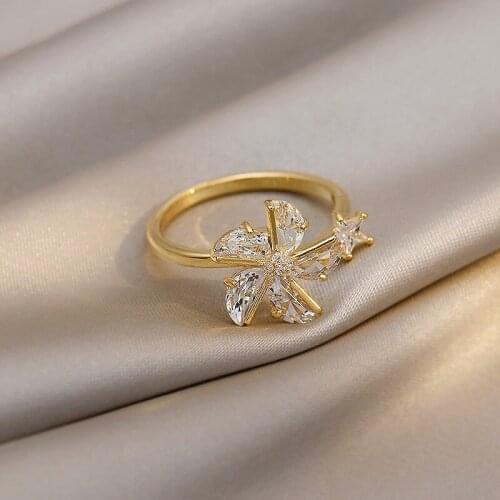 INS Charms Sparkly CZ Cubic Zirconia Star Rings for Women Gold Color Rotatable Windmill Flowers Adjusting Open Ring Accessories