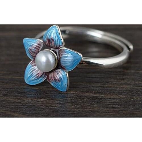 BOCAI New solid S925 pure silver jewelry woman ring Cloisonne flower with pearls Adjustable real 925 silver ring for woman