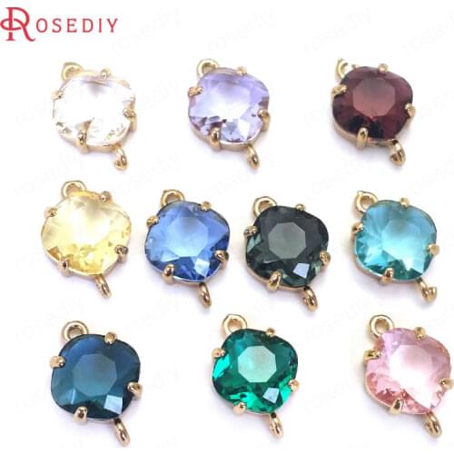 10PCS 17x11MM 24K Champagne Gold Color Brass and Glass 2 Holes Square Connect Charms Pendants Diy Jewelry Findings Accessories