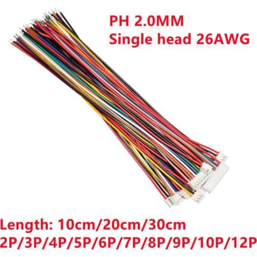 10PCS Mini Micro JST 2.0 PH Female Connector 2/3/4/5/6/7/8/9/10-Pin Plug with Terminal Wires Cables 100mm 200MM 300mm 26AWG