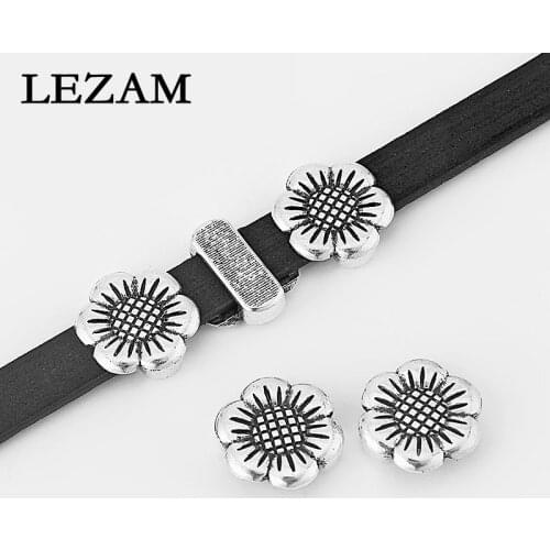 10Pcs Fashion Jewelry Antique Flower Tone Slider Jewelry Beads Flat Leather Bracelets & Bangles Jewelry Accessories