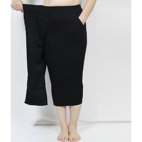 2XL To 9XL Plus Size Capris Pants Pockets Calf Length Solid Elastic High Waist Summer Women Bottoms Pants Black T4411