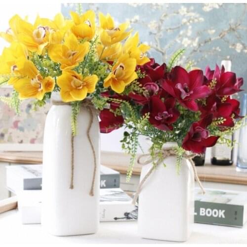 1 Bouquet 5 Heads Artificial Flower Fake Orchid with Grass Silk Flowers Party Home Decorative 4 colors for choice