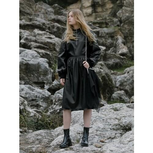 IRINACH271 FALL WINTER 2020 COLLECTION women vintage long sleeve PU leather dress black