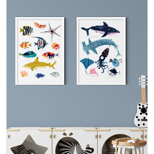 Modern Poster Sea Creature Kind Education Wall Art Canvas Painting Natural Picture for Kids Room Nursery Home Wall Decor