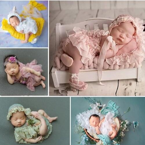 0-2 Yrs Baby Photo Clothing Sets Newborn Girl Lace Princess Dresses Hat Headband Pillow Outfits Infant Photography Costume Dress