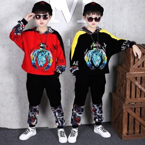 Boys Girls Fashion Sportswear Red Black Cartoon Wolf Hoodies And Pants Children T Cotton Sweatshirt Casual Trousers